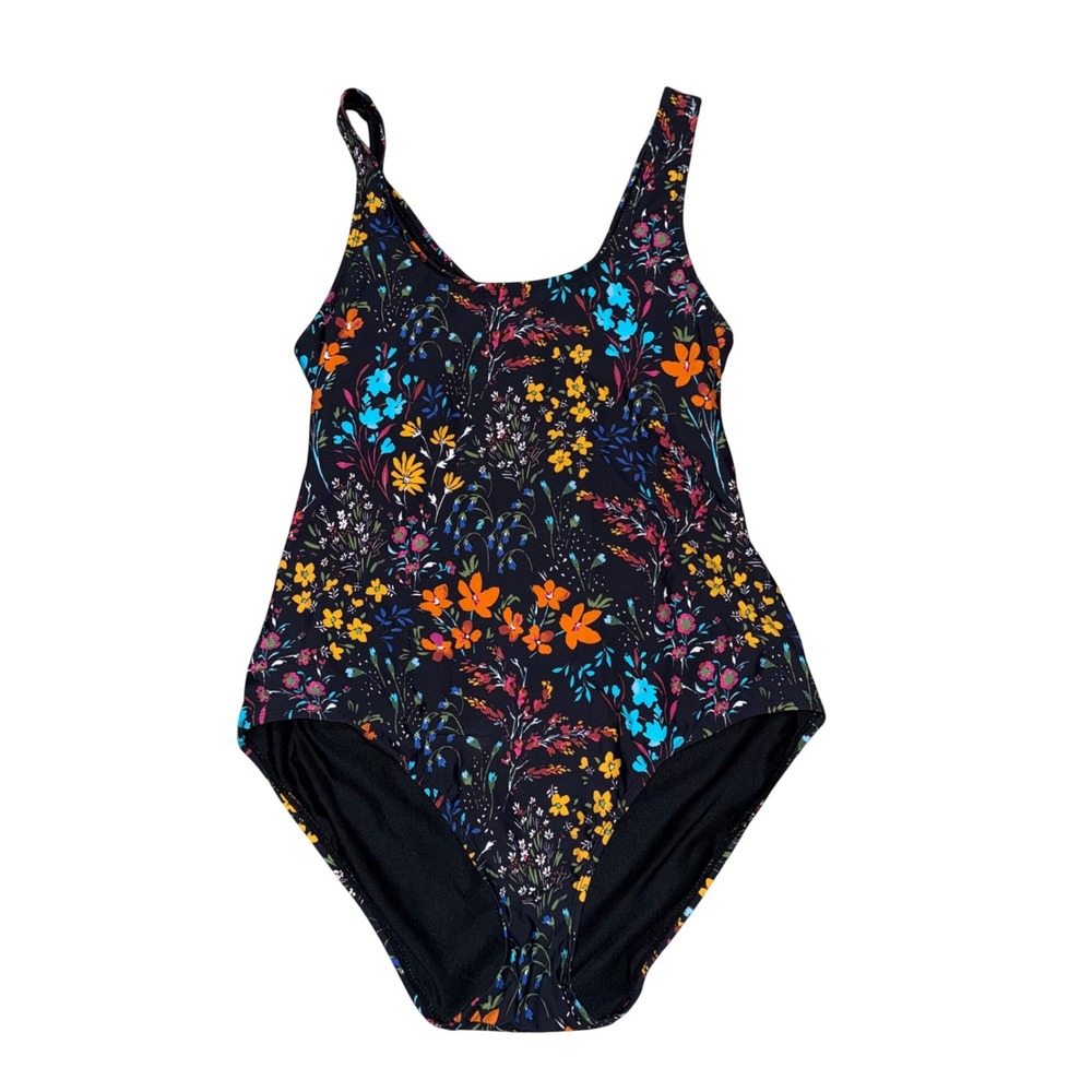 Krimson Klover One Piece Swimsuit Women Large Black Floral Cutout Back Excellent